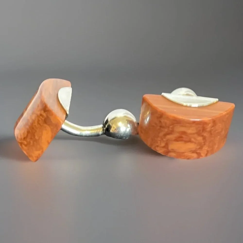 Wood Tone Fixed Link Cufflinks With Silver Tone Accent Classic Formal Wear